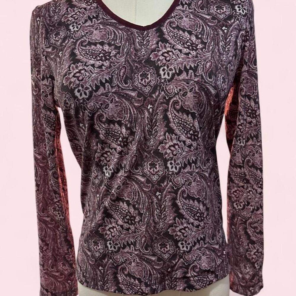 Y2K Liz Claiborne Paisley Velvet Trim Long Sleeve Top Small